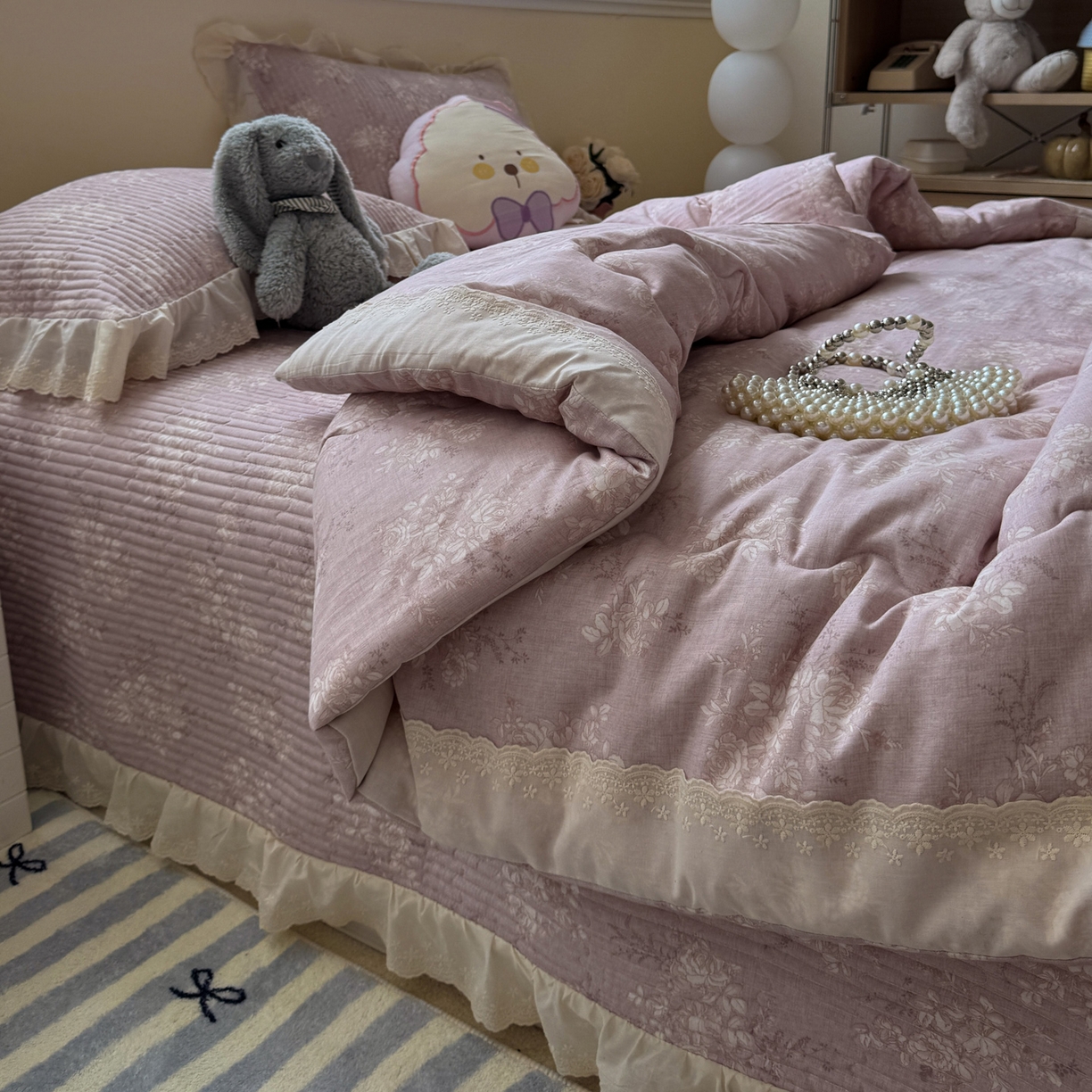 91家纺网 家纺一手货源 找家纺 一加一 2025新款田园风全棉纯棉双层纱床盖冬被被子被芯四件套 花蔓花影-粉