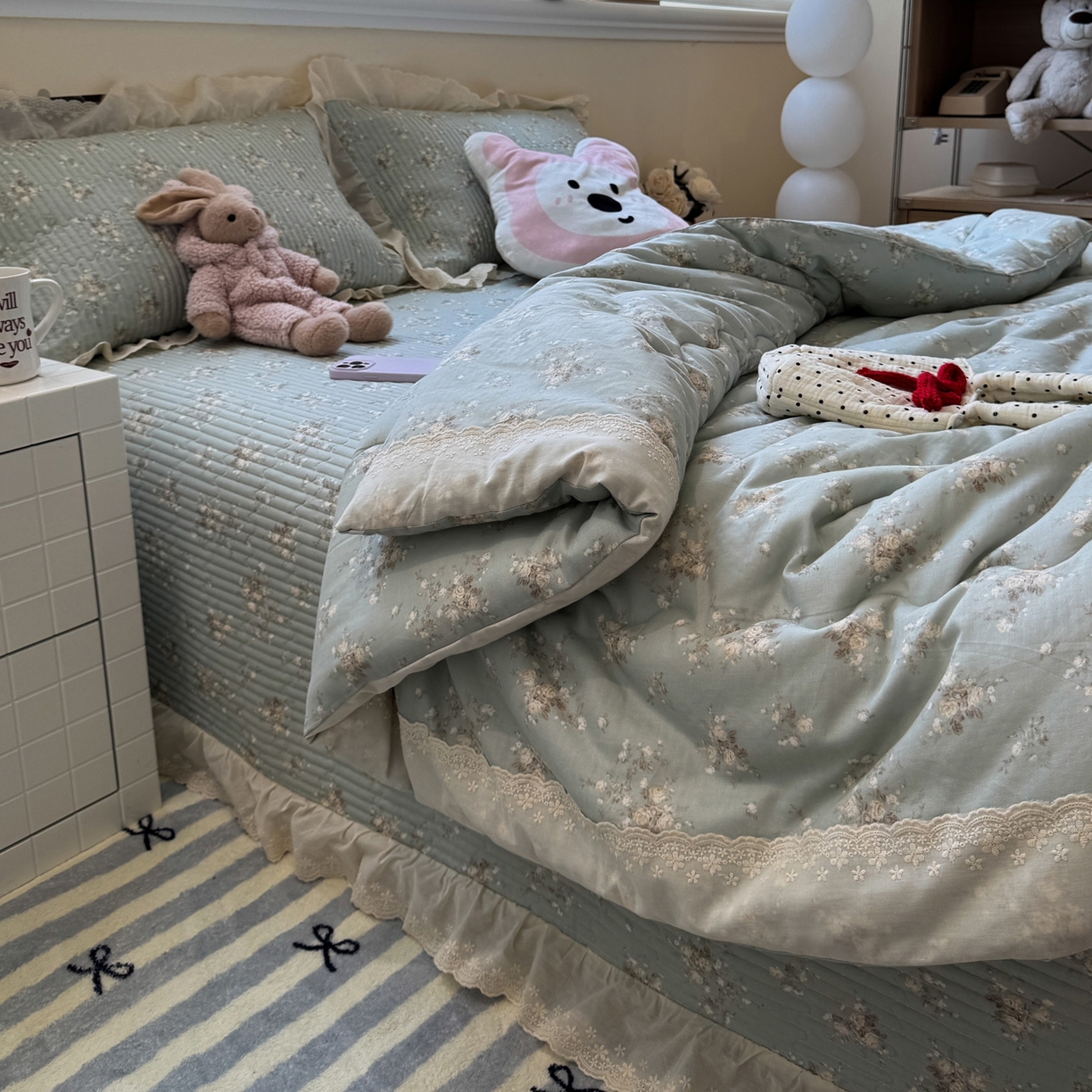 91家纺网 家纺一手货源 找家纺 （总）一加一 2025新款田园风全棉纯棉双层纱床盖冬被被子被芯四件套