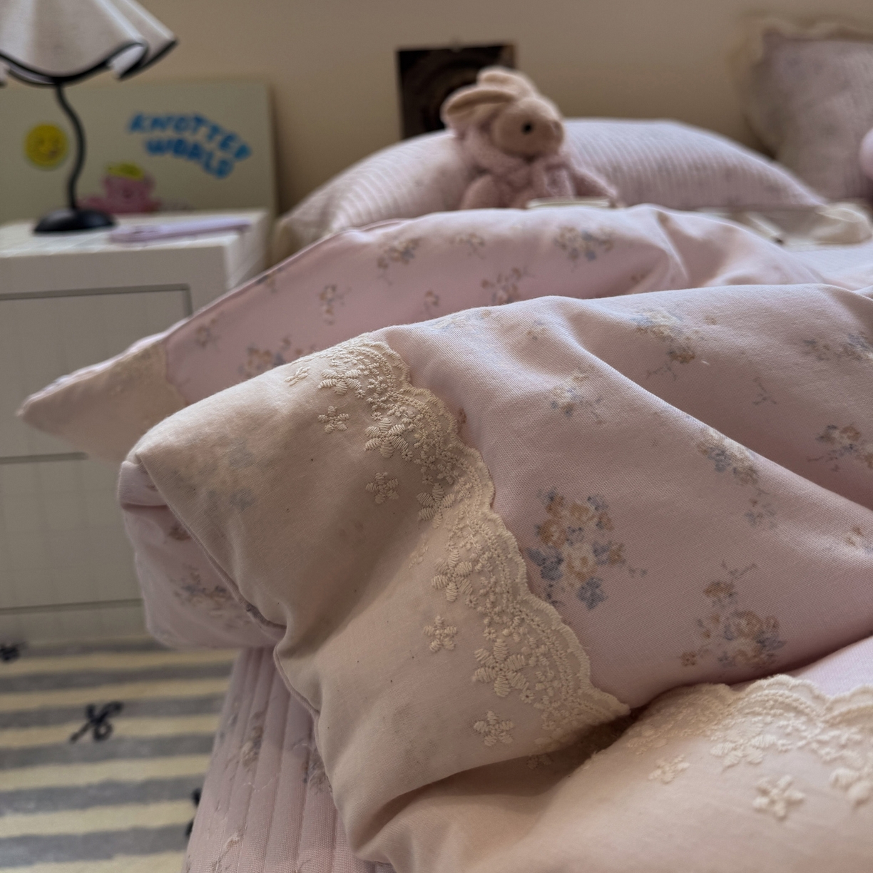 91家纺网 家纺一手货源 找家纺 一加一 2025新款田园风全棉纯棉双层纱床盖冬被被子被芯四件套 玲兰铛-粉