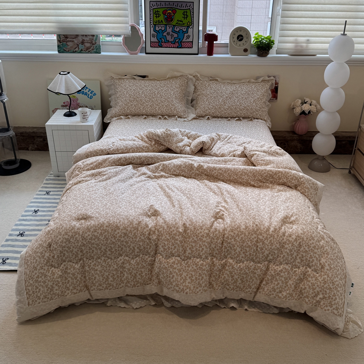 91家纺网 家纺一手货源 找家纺 一加一 2025新款田园风全棉纯棉双层纱床盖冬被被子被芯四件套 秋之寄语