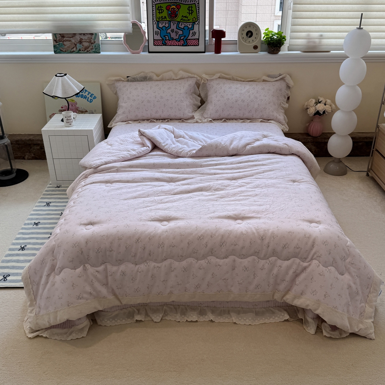 91家纺网 家纺一手货源 找家纺 一加一 2025新款田园风全棉纯棉双层纱床盖冬被被子被芯四件套 玲兰铛-粉