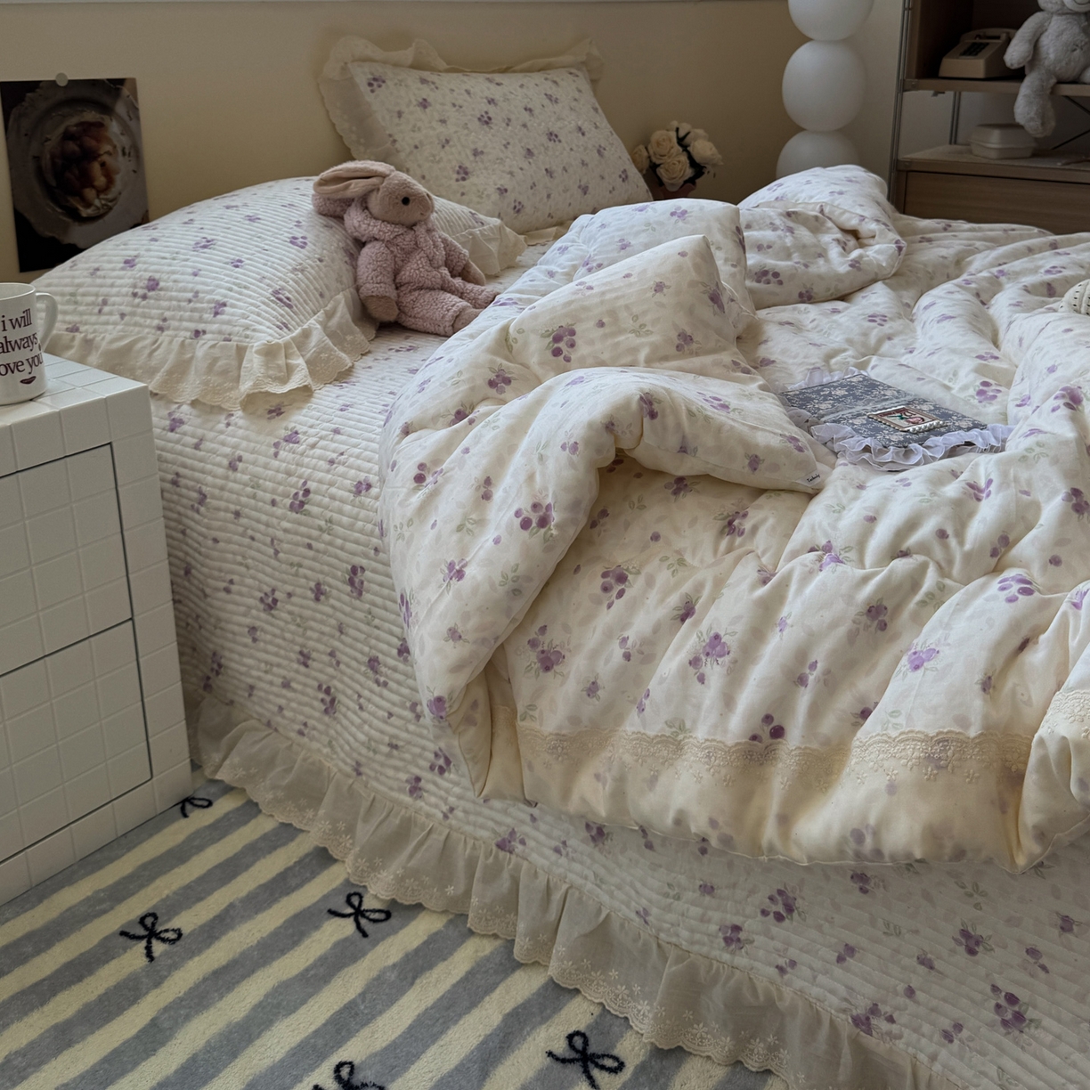 91家纺网 家纺一手货源 找家纺 一加一 2025新款田园风全棉纯棉双层纱床盖冬被被子被芯四件套 莓果雨