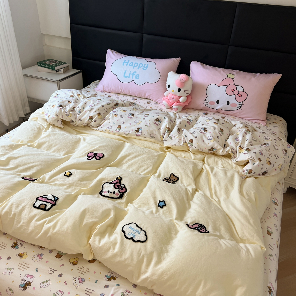 盼季家纺 2025新款卡通水洗棉毛巾绣四件套 毛巾绣-猫咪聚会黄