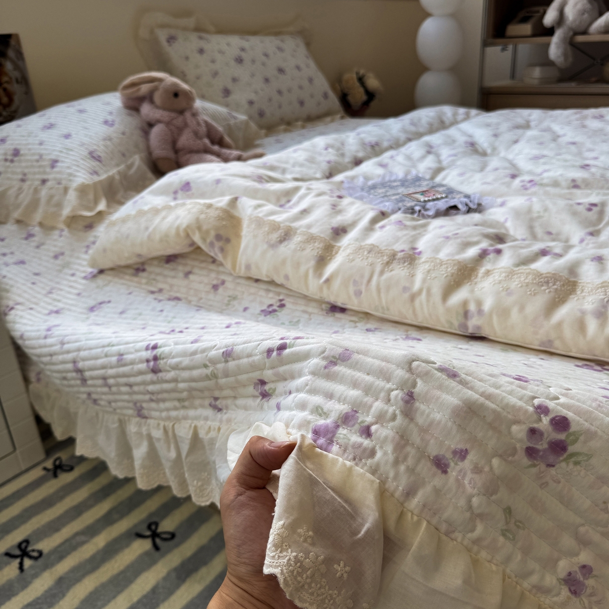 91家纺网 家纺一手货源 找家纺 一加一 2025新款田园风全棉纯棉双层纱床盖冬被被子被芯四件套 莓果雨