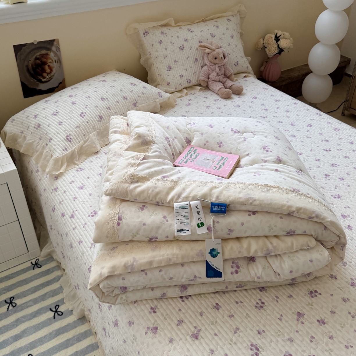 91家纺网 家纺一手货源 找家纺 一加一 2025新款田园风全棉纯棉双层纱床盖冬被被子被芯四件套 莓果雨