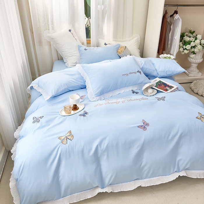 91家纺网 家纺一手货源 找家纺 青泽家纺 2025新款母婴级ins风韩版绣花荷叶边水洗棉磨毛四件套 蝶舞-蓝