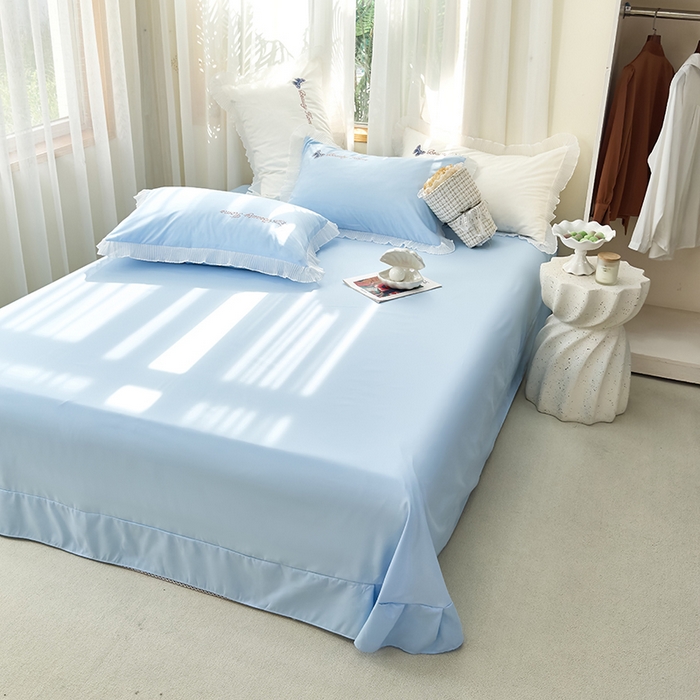 91家纺网 家纺一手货源 找家纺 青泽家纺 2025新款母婴级ins风韩版绣花荷叶边水洗棉磨毛四件套 蝶舞-蓝