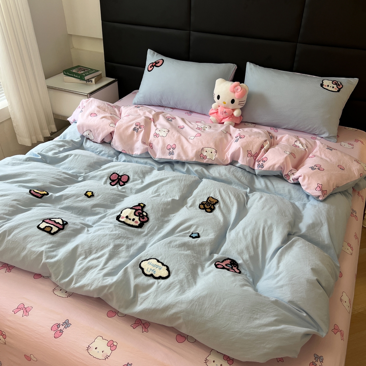 盼季家纺 2025新款卡通水洗棉毛巾绣四件套 毛巾绣-猫咪聚会蓝