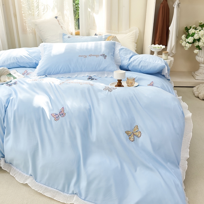 91家纺网 家纺一手货源 找家纺 青泽家纺 2025新款母婴级ins风韩版绣花荷叶边水洗棉磨毛四件套 蝶舞-蓝