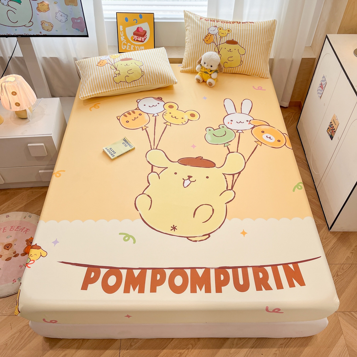 91家纺网 家纺一手货源 找家纺 暮思家居 2025新款正版授权三丽鸥大阪全棉数码印花纯棉单品床笠床笠单件单床笠（专版花型） 棉A版-奶黄包布丁狗