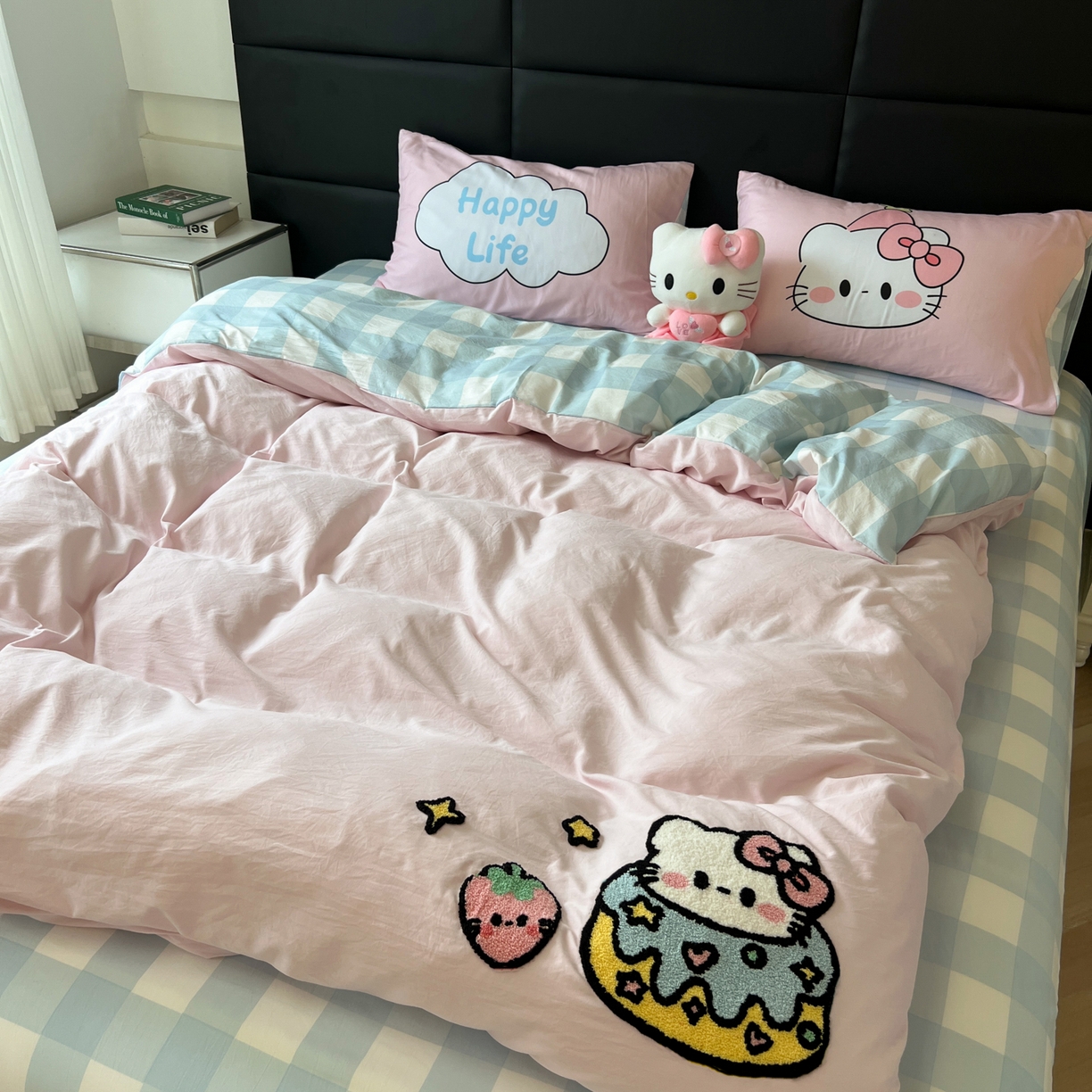 盼季家纺 2025新款卡通水洗棉毛巾绣四件套 毛巾绣-莓莓蛋糕猫-粉