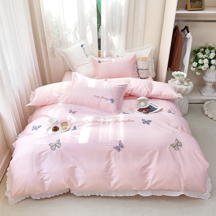 青泽家纺 2025新款母婴级ins风韩版绣花荷叶边水洗棉磨毛四件套 蝶舞-玉