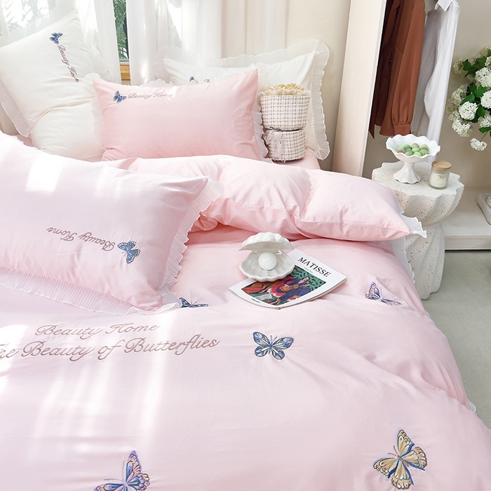 91家纺网 家纺一手货源 找家纺 青泽家纺 2025新款母婴级ins风韩版绣花荷叶边水洗棉磨毛四件套 蝶舞-玉