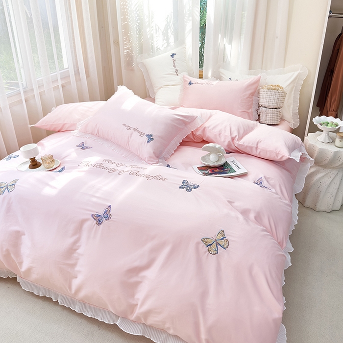 91家纺网 家纺一手货源 找家纺 青泽家纺 2025新款母婴级ins风韩版绣花荷叶边水洗棉磨毛四件套 蝶舞-玉