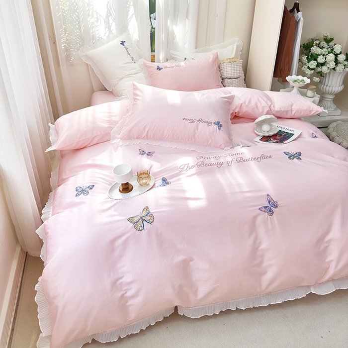 91家纺网 家纺一手货源 找家纺 青泽家纺 2025新款母婴级ins风韩版绣花荷叶边水洗棉磨毛四件套 蝶舞-玉