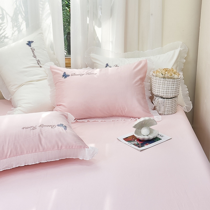 91家纺网 家纺一手货源 找家纺 青泽家纺 2025新款母婴级ins风韩版绣花荷叶边水洗棉磨毛四件套 蝶舞-玉