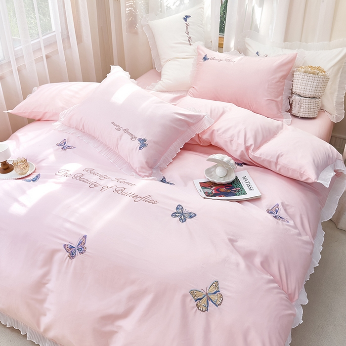 91家纺网 家纺一手货源 找家纺 青泽家纺 2025新款母婴级ins风韩版绣花荷叶边水洗棉磨毛四件套 蝶舞-玉