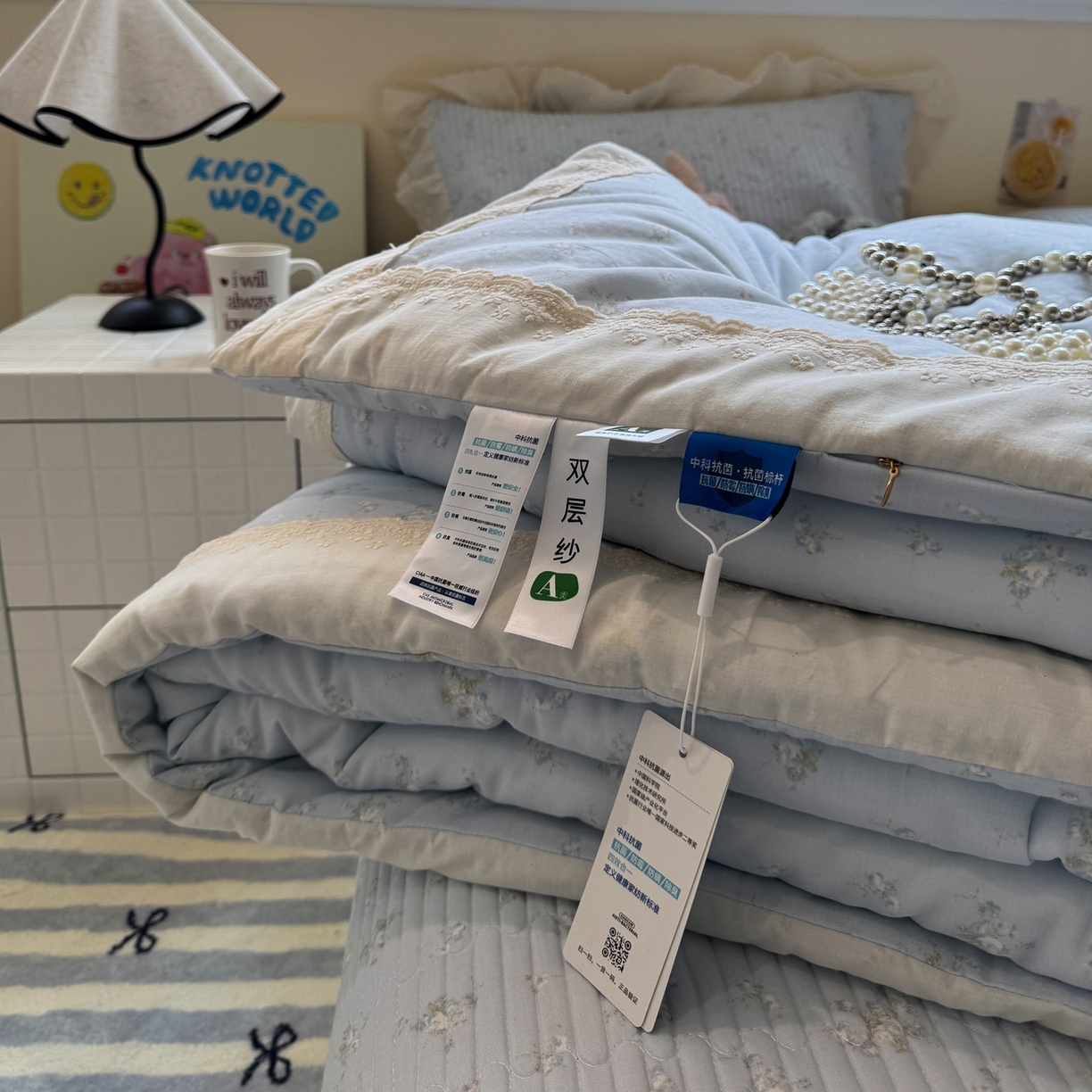 91家纺网 家纺一手货源 找家纺 一加一 2025新款田园风全棉纯棉双层纱床盖冬被被子被芯四件套 玲兰铛-兰