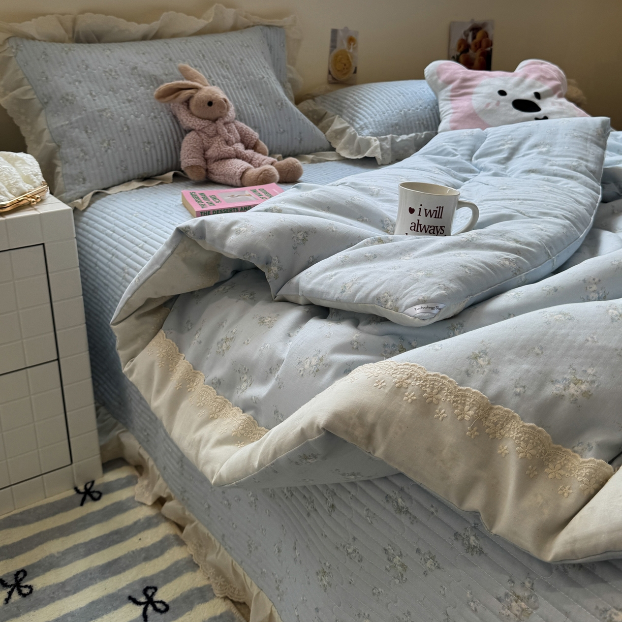 91家纺网 家纺一手货源 找家纺 一加一 2025新款田园风全棉纯棉双层纱床盖冬被被子被芯四件套 玲兰铛-兰