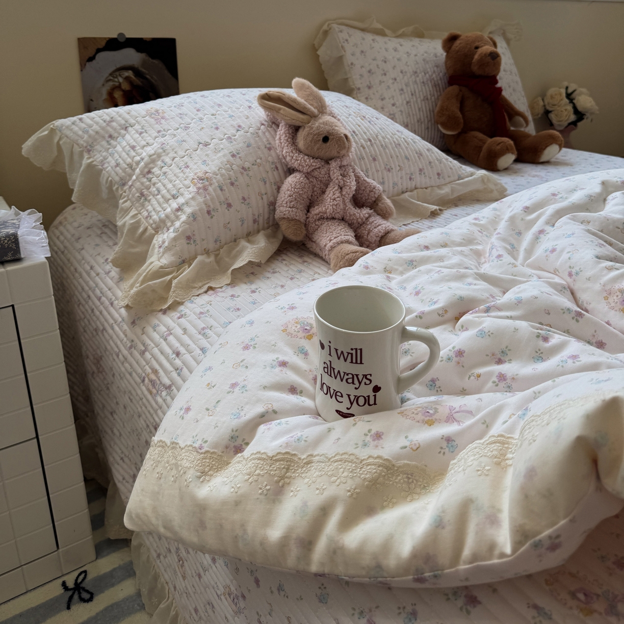 91家纺网 家纺一手货源 找家纺 一加一 2025新款田园风全棉纯棉双层纱床盖冬被被子被芯四件套 兰絮-粉