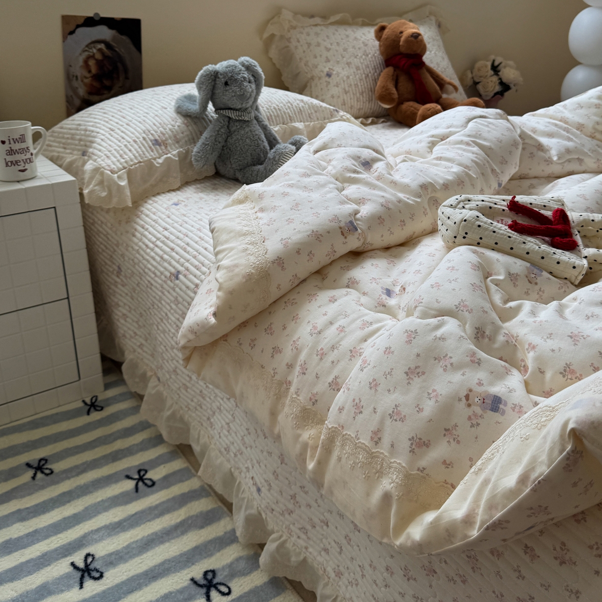 91家纺网 家纺一手货源 找家纺 一加一 2025新款田园风全棉纯棉双层纱床盖冬被被子被芯四件套 钥匙珊瑚