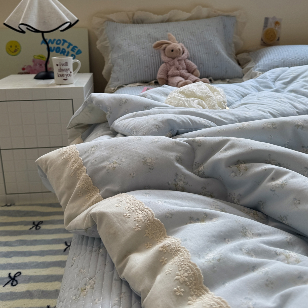 91家纺网 家纺一手货源 找家纺 一加一 2025新款田园风全棉纯棉双层纱床盖冬被被子被芯四件套 玲兰铛-兰