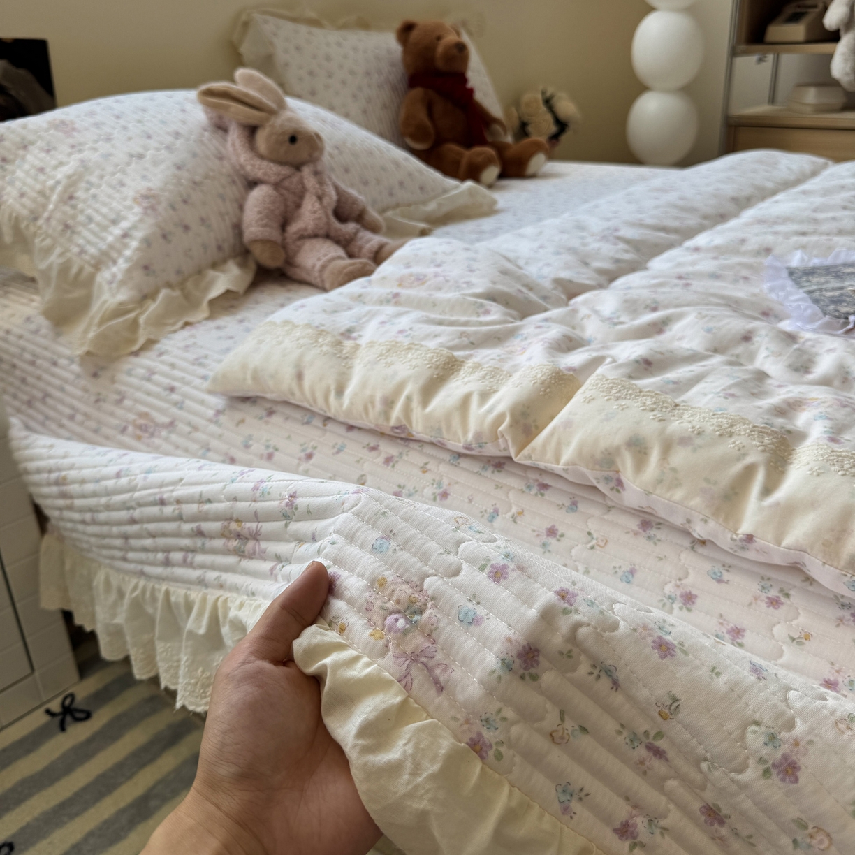 91家纺网 家纺一手货源 找家纺 一加一 2025新款田园风全棉纯棉双层纱床盖冬被被子被芯四件套 兰絮-粉