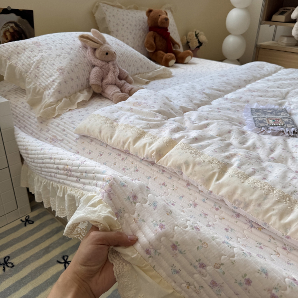 91家纺网 家纺一手货源 找家纺 一加一 2025新款田园风全棉纯棉双层纱床盖冬被被子被芯四件套 兰絮-粉