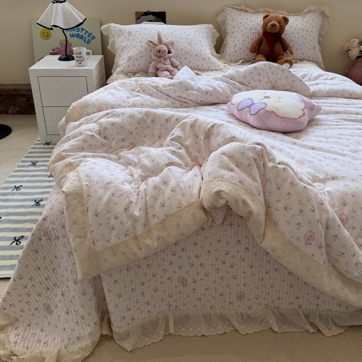 91家纺网 家纺一手货源 找家纺 一加一 2025新款田园风全棉纯棉双层纱床盖冬被被子被芯四件套 兰絮-粉