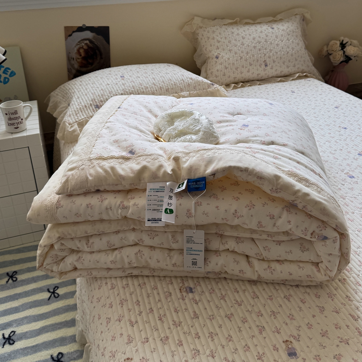 91家纺网 家纺一手货源 找家纺 一加一 2025新款田园风全棉纯棉双层纱床盖冬被被子被芯四件套 钥匙珊瑚