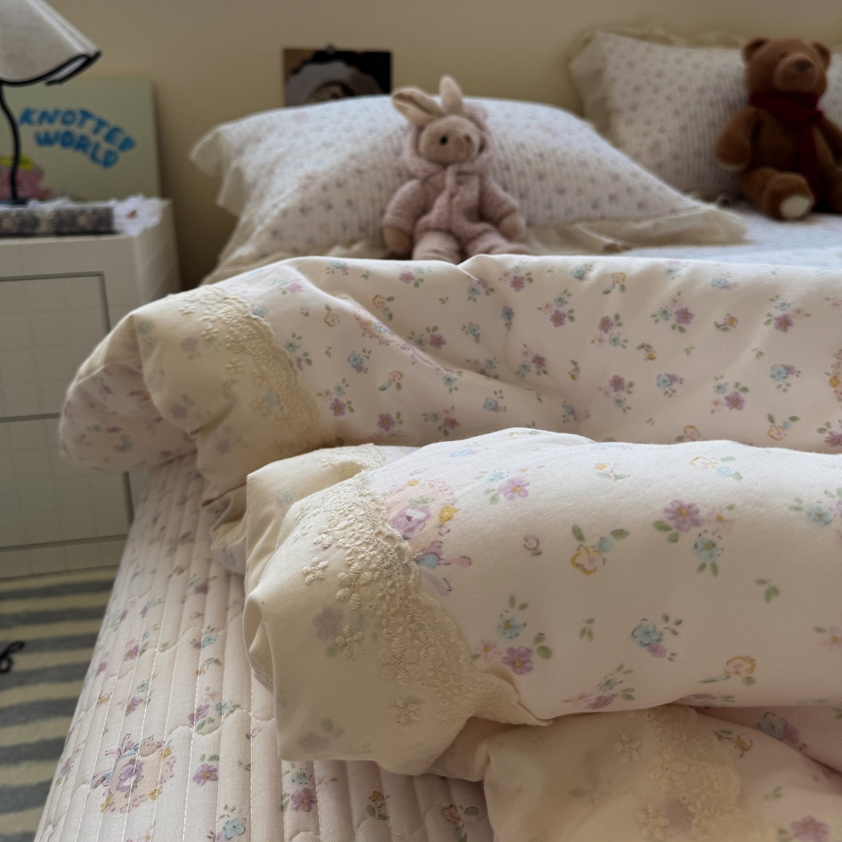 91家纺网 家纺一手货源 找家纺 一加一 2025新款田园风全棉纯棉双层纱床盖冬被被子被芯四件套 兰絮-粉