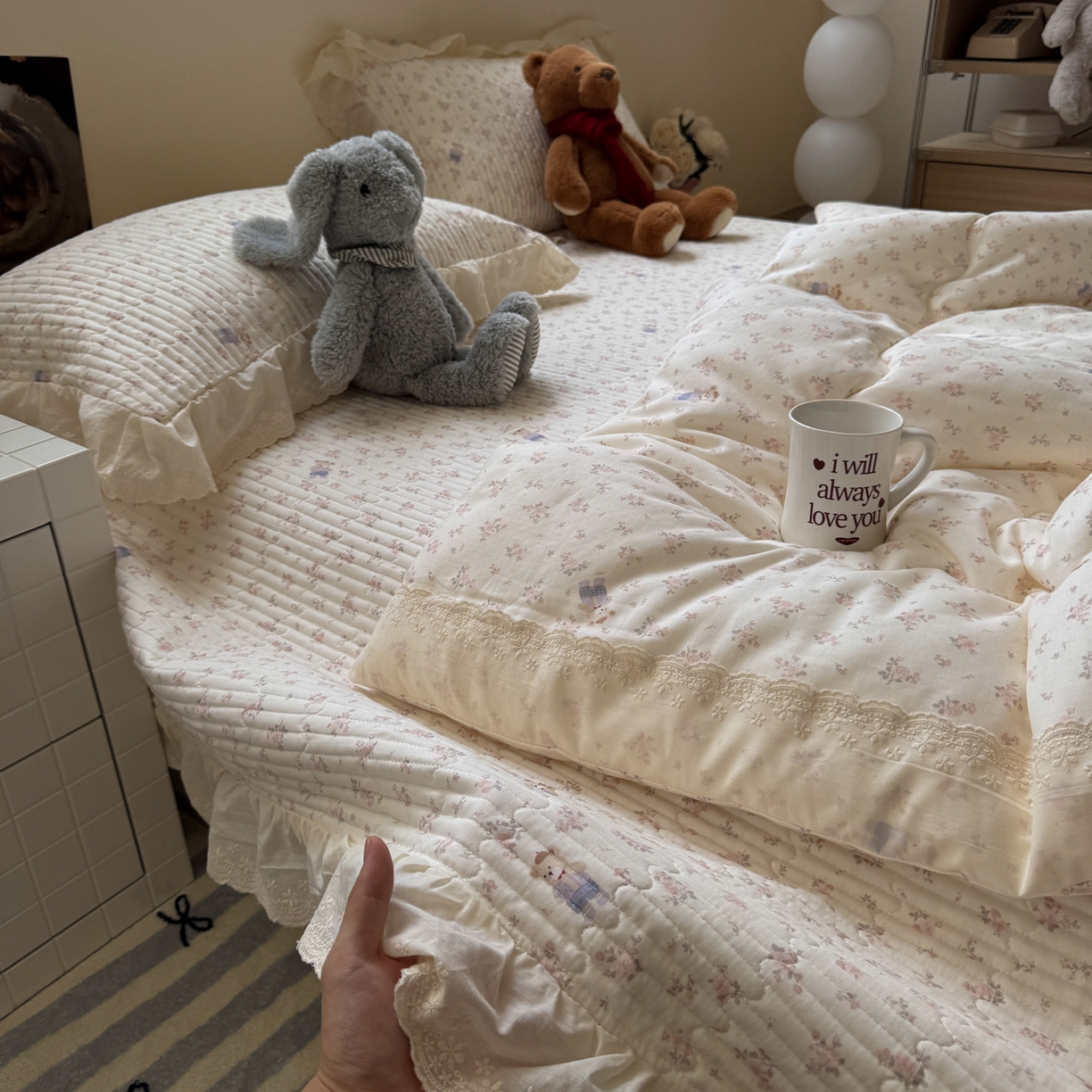 91家纺网 家纺一手货源 找家纺 一加一 2025新款田园风全棉纯棉双层纱床盖冬被被子被芯四件套 钥匙珊瑚