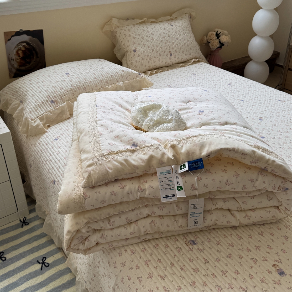 91家纺网 家纺一手货源 找家纺 一加一 2025新款田园风全棉纯棉双层纱床盖冬被被子被芯四件套 钥匙珊瑚