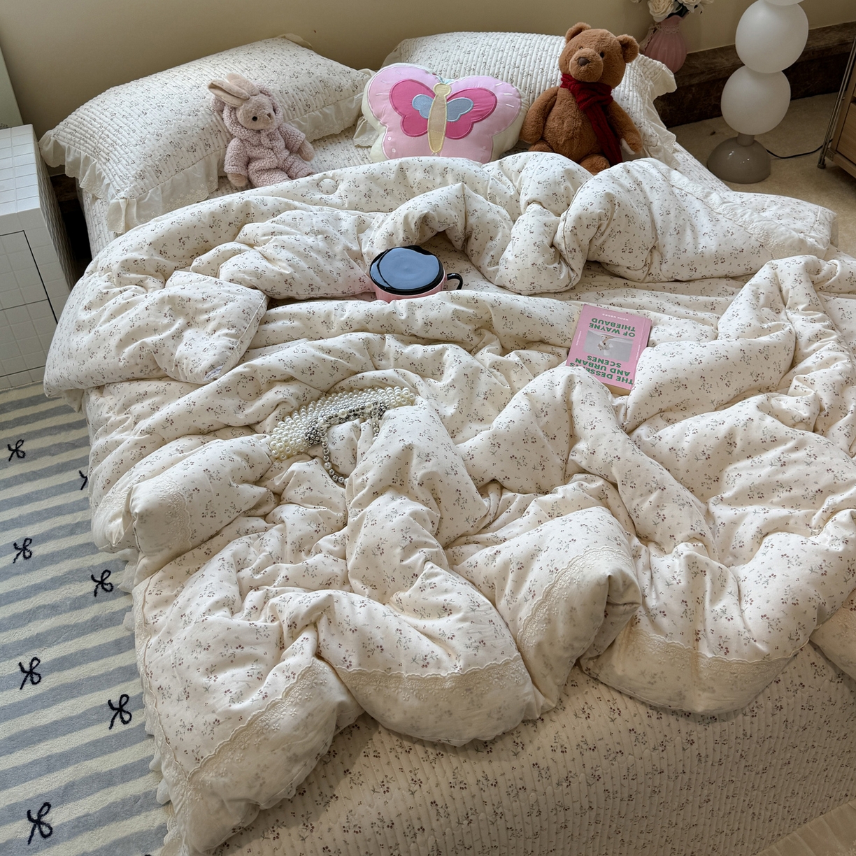 91家纺网 家纺一手货源 找家纺 一加一 2025新款田园风全棉纯棉双层纱床盖冬被被子被芯四件套 果然花香