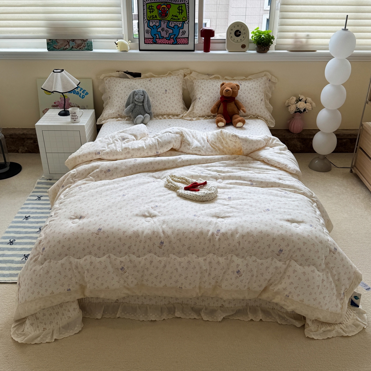 91家纺网 家纺一手货源 找家纺 一加一 2025新款田园风全棉纯棉双层纱床盖冬被被子被芯四件套 钥匙珊瑚