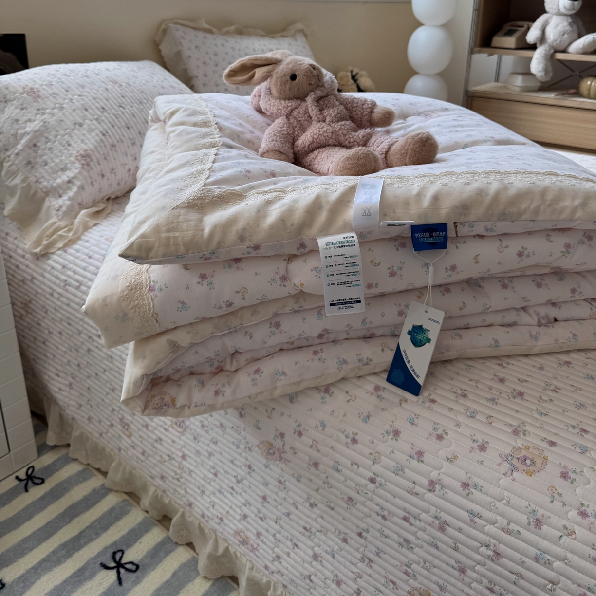 91家纺网 家纺一手货源 找家纺 一加一 2025新款田园风全棉纯棉双层纱床盖冬被被子被芯四件套 兰絮-粉