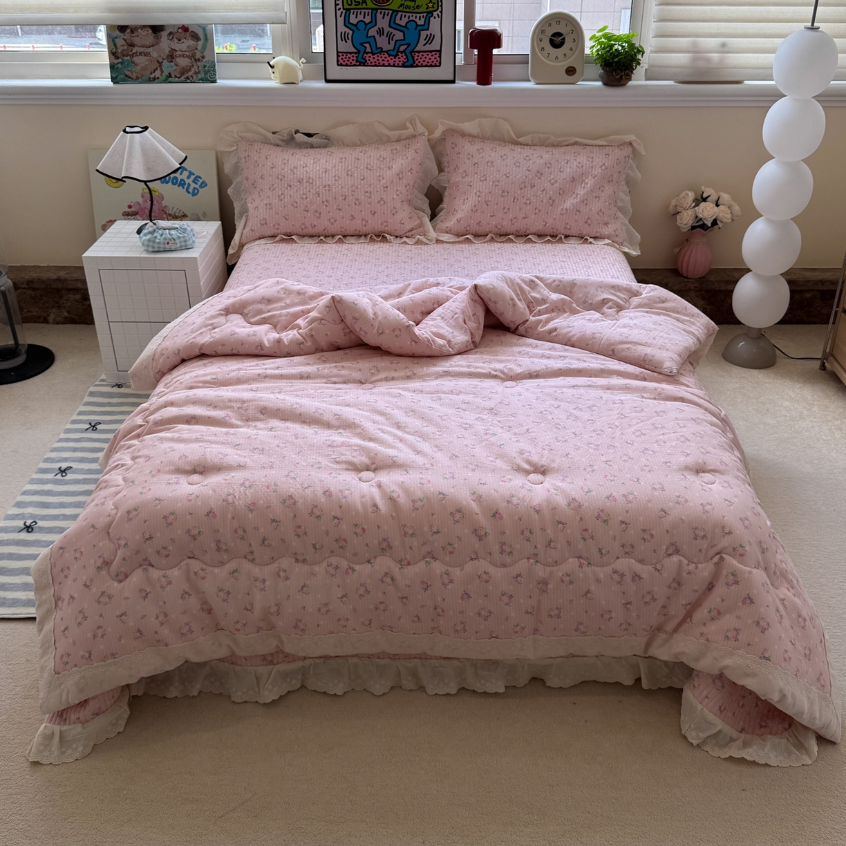 91家纺网 家纺一手货源 找家纺 一加一 2025新款田园风全棉纯棉双层纱床盖冬被被子被芯四件套 花初梦