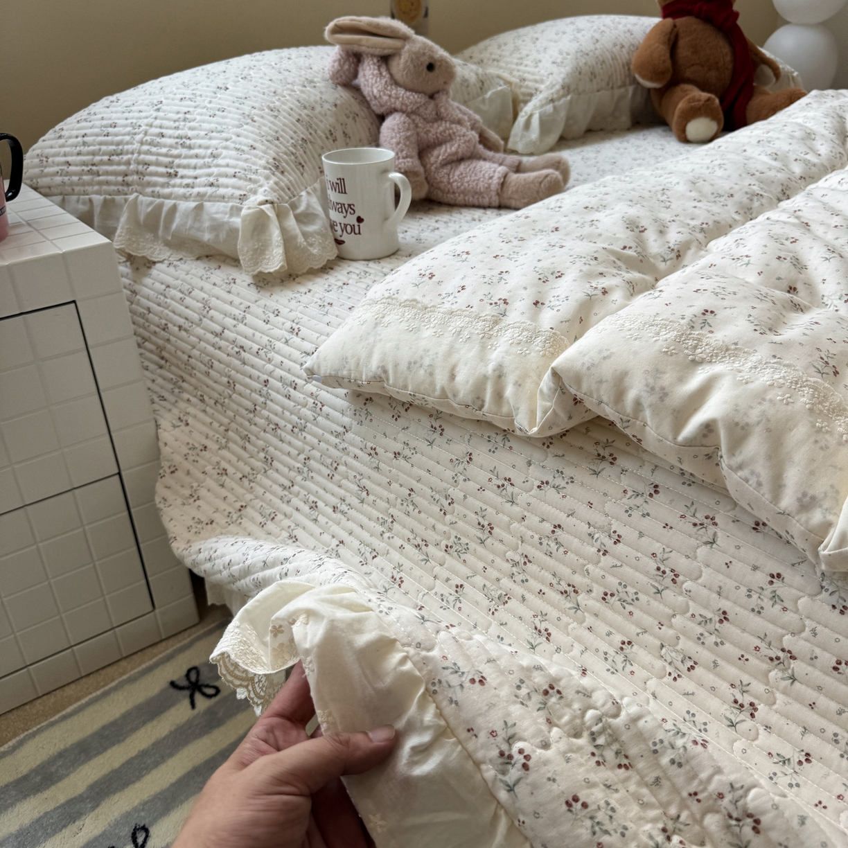 91家纺网 家纺一手货源 找家纺 一加一 2025新款田园风全棉纯棉双层纱床盖冬被被子被芯四件套 果然花香