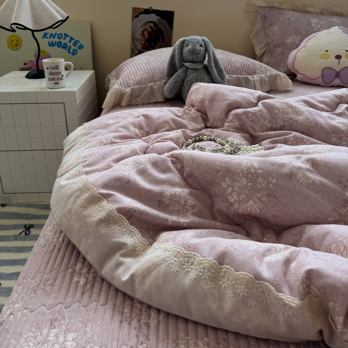 91家纺网 家纺一手货源 找家纺 一加一 2025新款田园风全棉纯棉双层纱床盖冬被被子被芯四件套 花蔓花影-粉