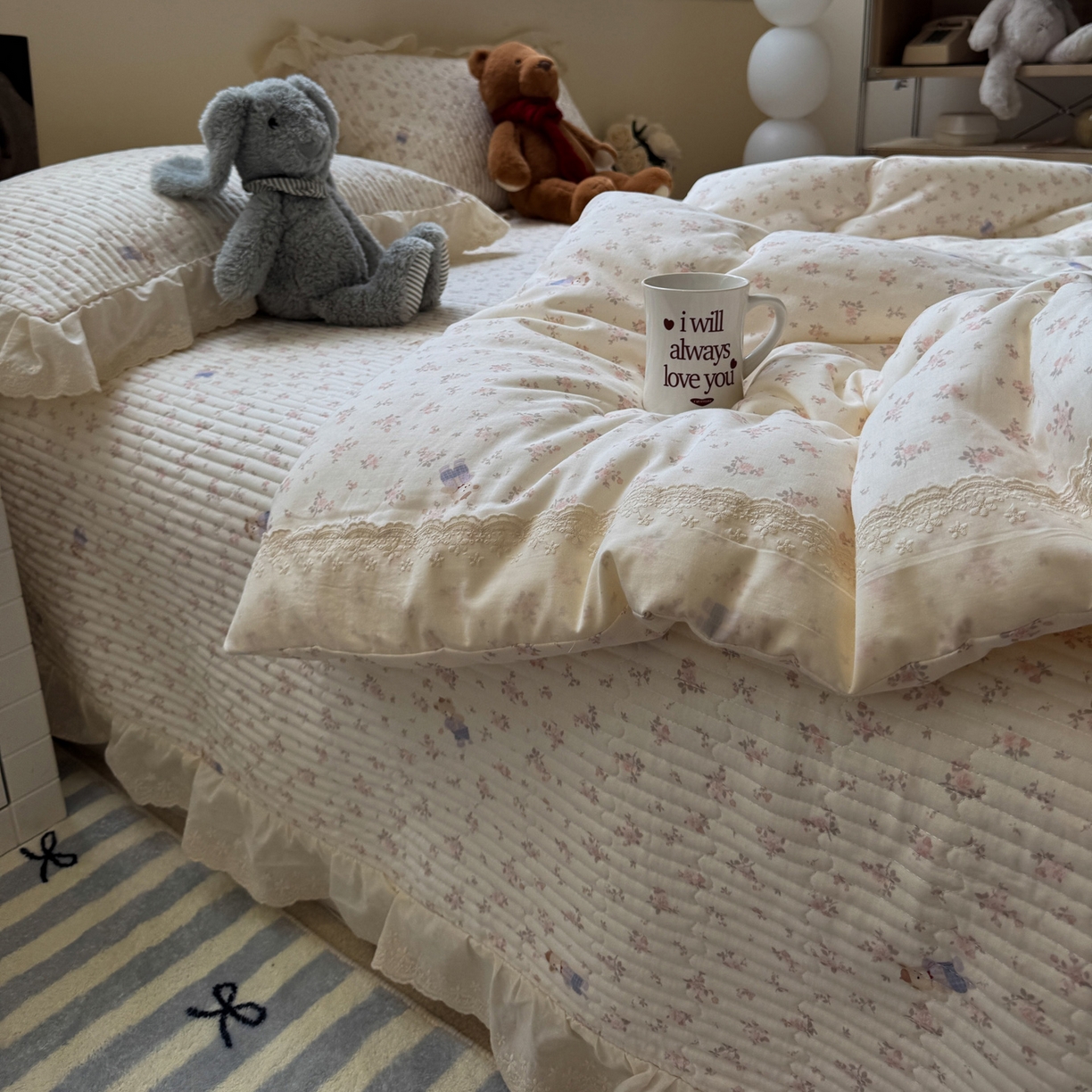 91家纺网 家纺一手货源 找家纺 一加一 2025新款田园风全棉纯棉双层纱床盖冬被被子被芯四件套 钥匙珊瑚