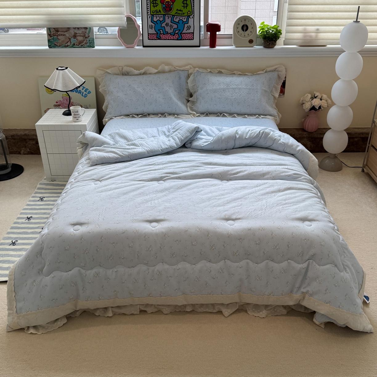 91家纺网 家纺一手货源 找家纺 一加一 2025新款田园风全棉纯棉双层纱床盖冬被被子被芯四件套 玲兰铛-兰