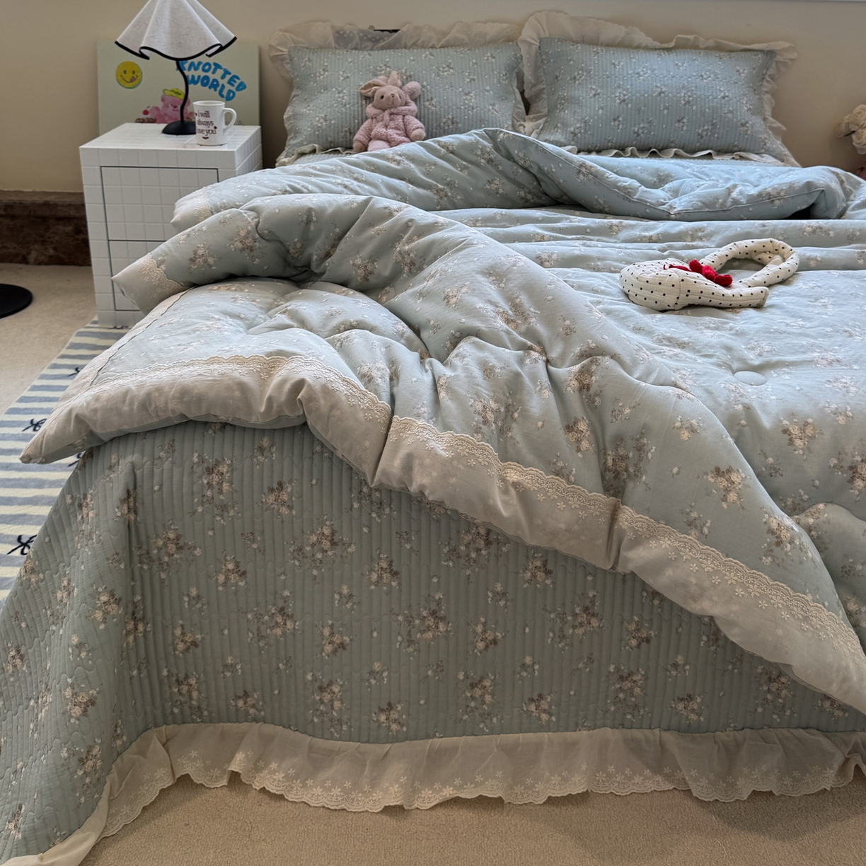 91家纺网 家纺一手货源 找家纺 一加一 2025新款田园风全棉纯棉双层纱床盖冬被被子被芯四件套 浮沉未央-绿