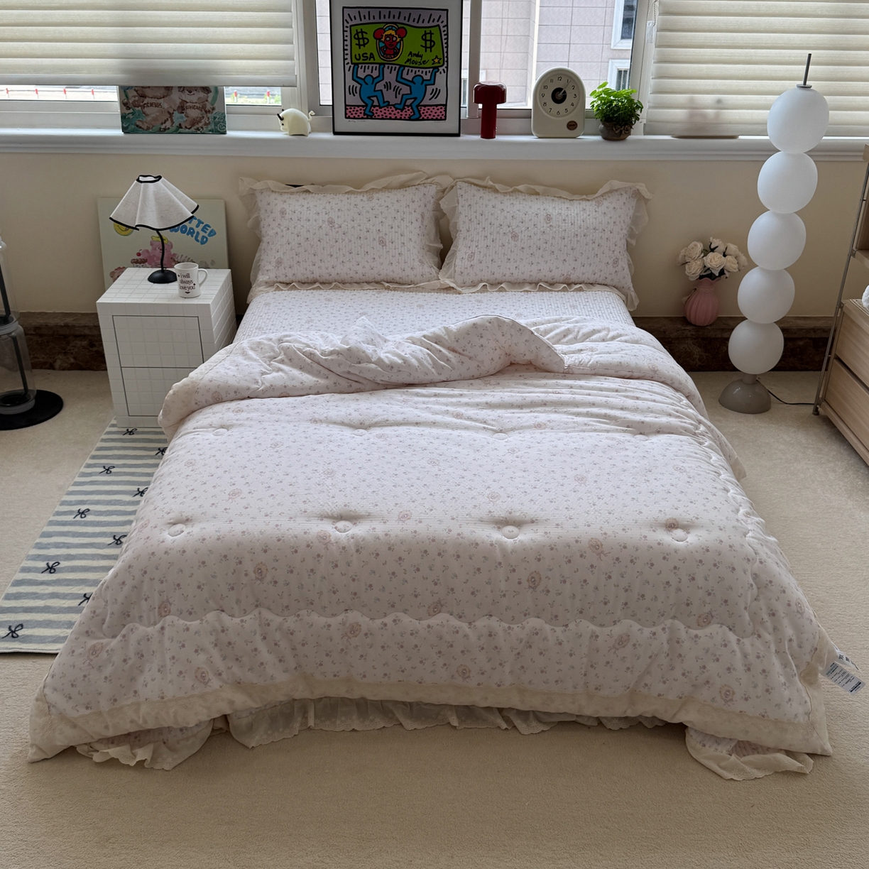 91家纺网 家纺一手货源 找家纺 一加一 2025新款田园风全棉纯棉双层纱床盖冬被被子被芯四件套 兰絮-粉