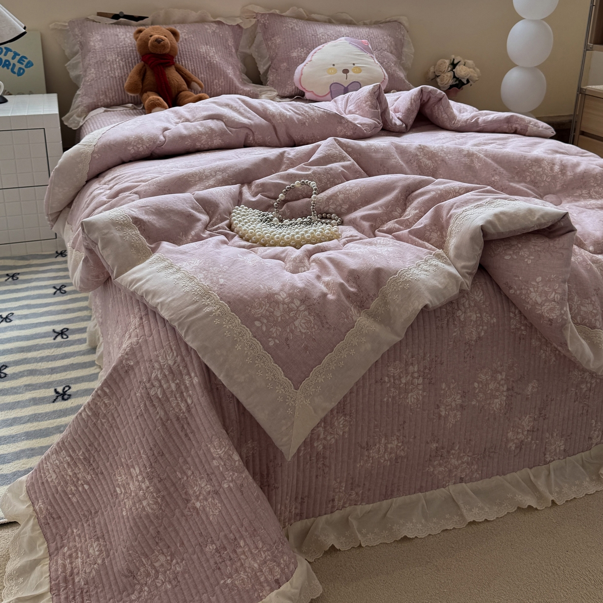 91家纺网 家纺一手货源 找家纺 一加一 2025新款田园风全棉纯棉双层纱床盖冬被被子被芯四件套 花蔓花影-粉