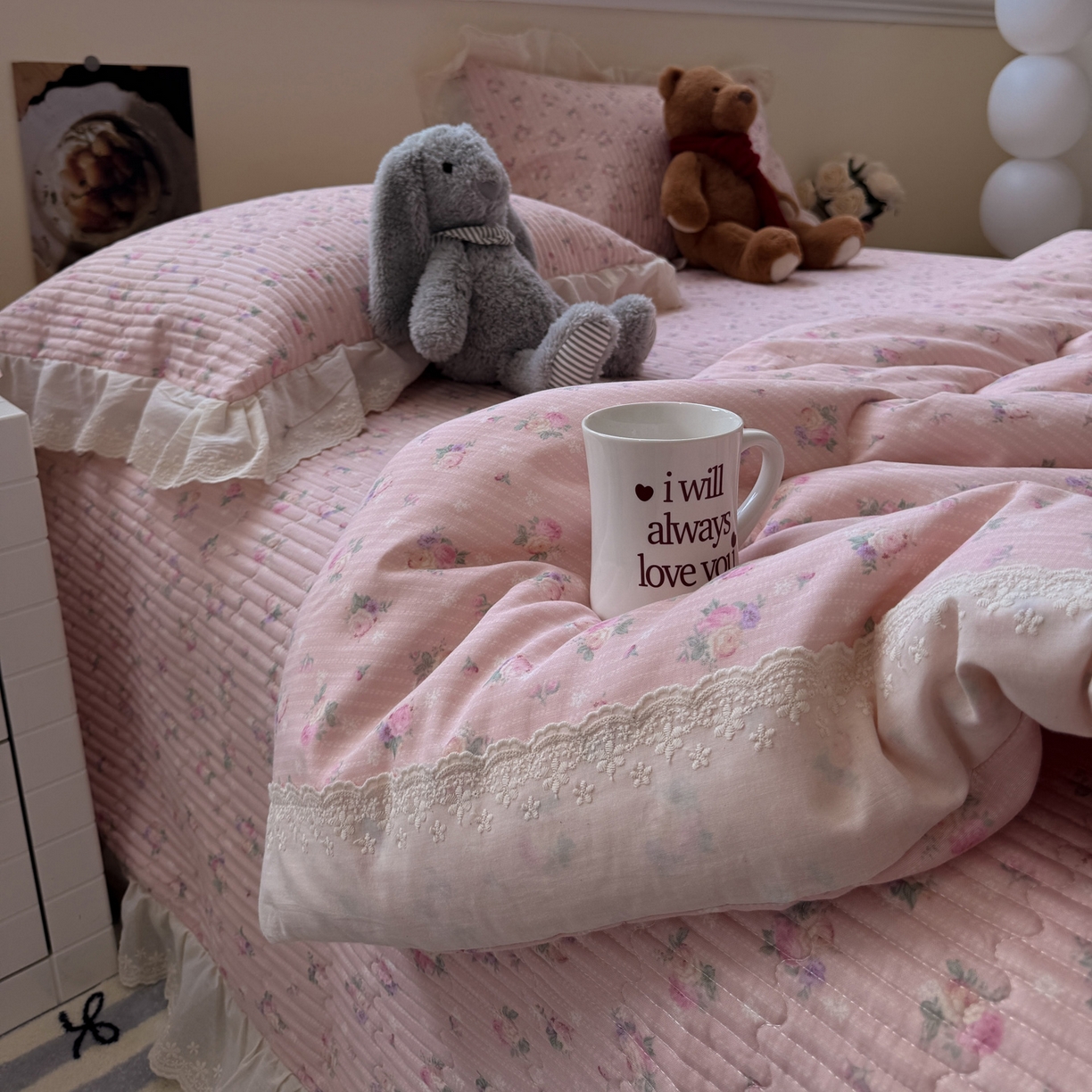 91家纺网 家纺一手货源 找家纺 一加一 2025新款田园风全棉纯棉双层纱床盖冬被被子被芯四件套 花初梦