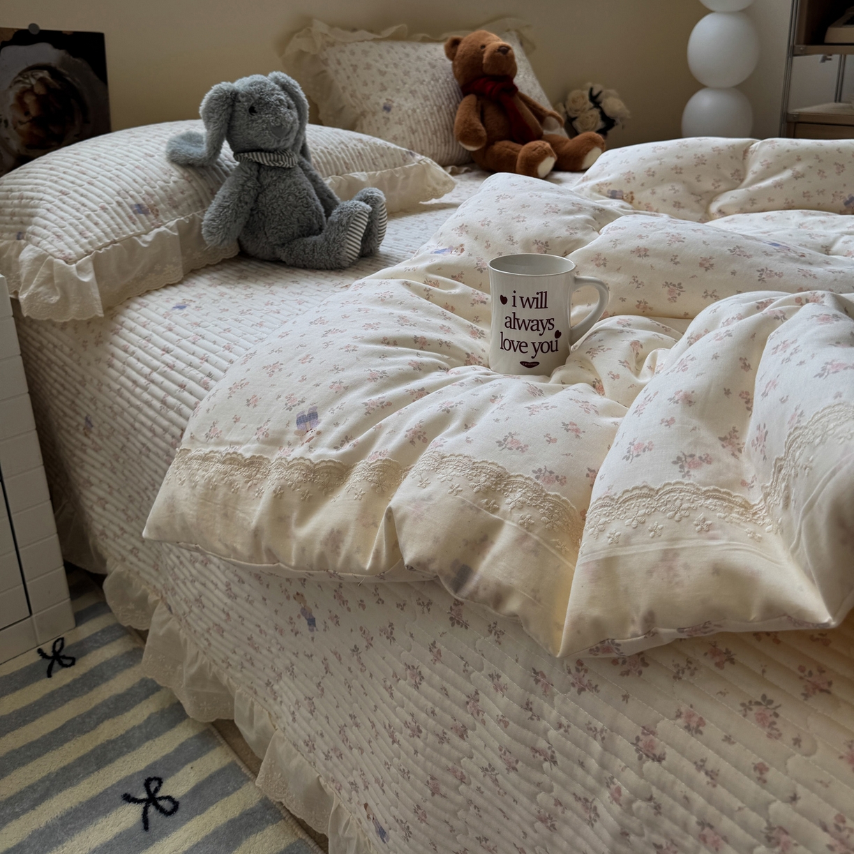 91家纺网 家纺一手货源 找家纺 一加一 2025新款田园风全棉纯棉双层纱床盖冬被被子被芯四件套 钥匙珊瑚