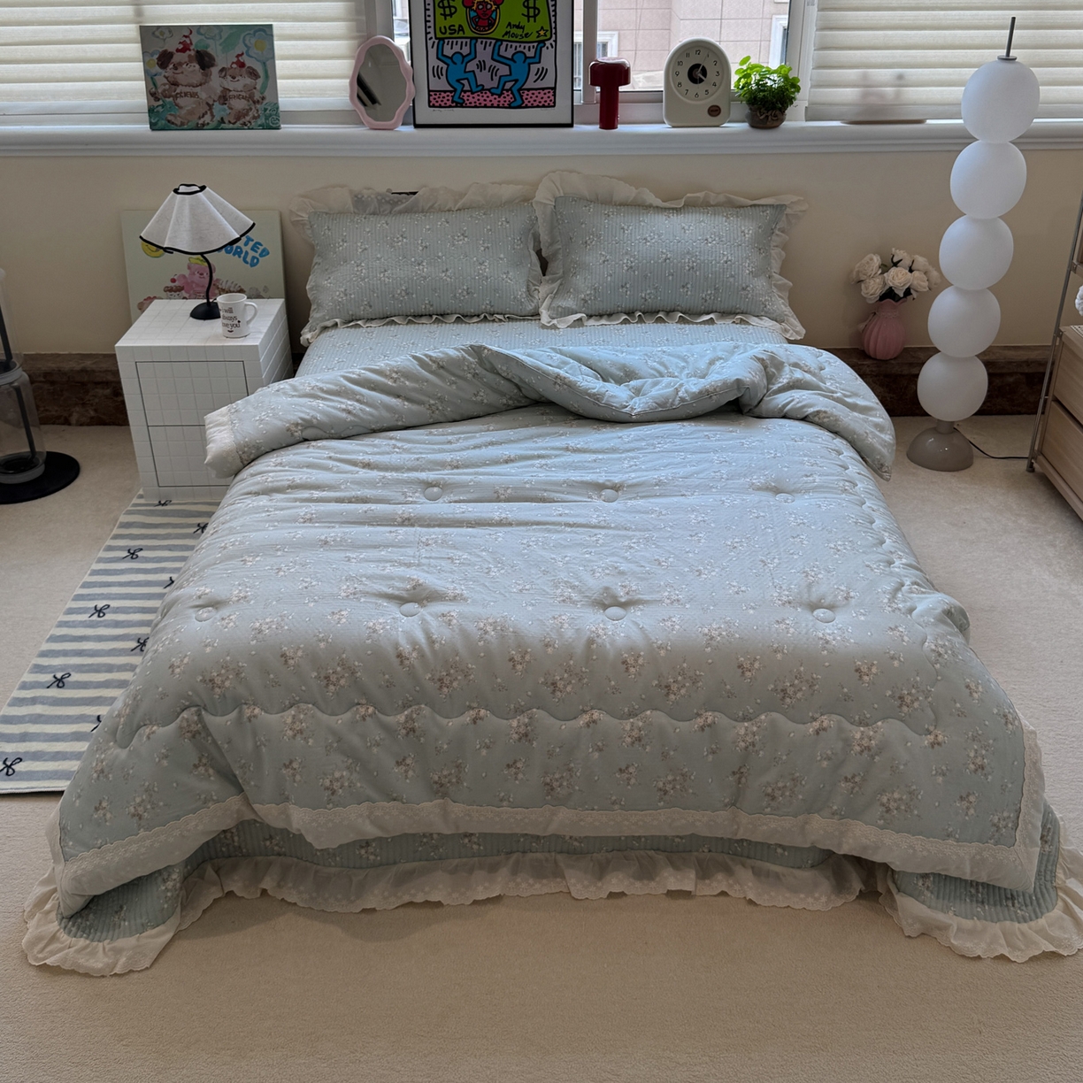 91家纺网 家纺一手货源 找家纺 一加一 2025新款田园风全棉纯棉双层纱床盖冬被被子被芯四件套 浮沉未央-绿