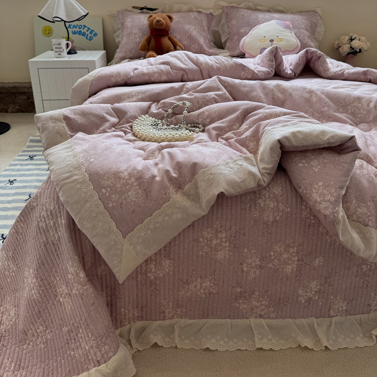 91家纺网 家纺一手货源 找家纺 一加一 2025新款田园风全棉纯棉双层纱床盖冬被被子被芯四件套 花蔓花影-粉