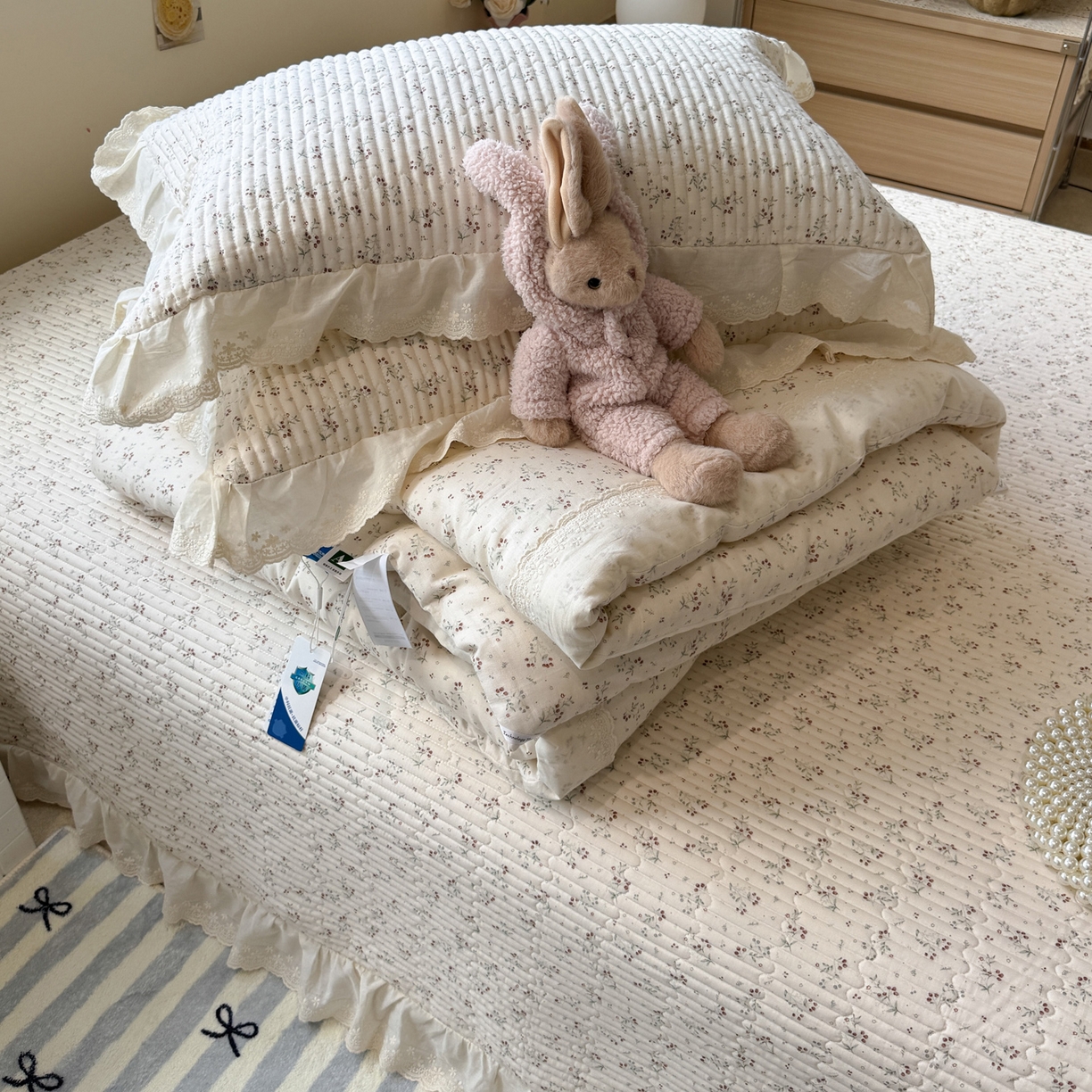 91家纺网 家纺一手货源 找家纺 一加一 2025新款田园风全棉纯棉双层纱床盖冬被被子被芯四件套 果然花香