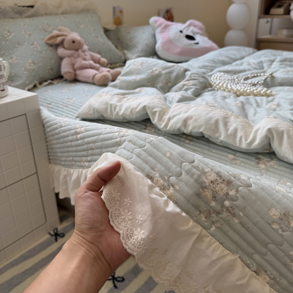 91家纺网 家纺一手货源 找家纺 一加一 2025新款田园风全棉纯棉双层纱床盖冬被被子被芯四件套 浮沉未央-绿